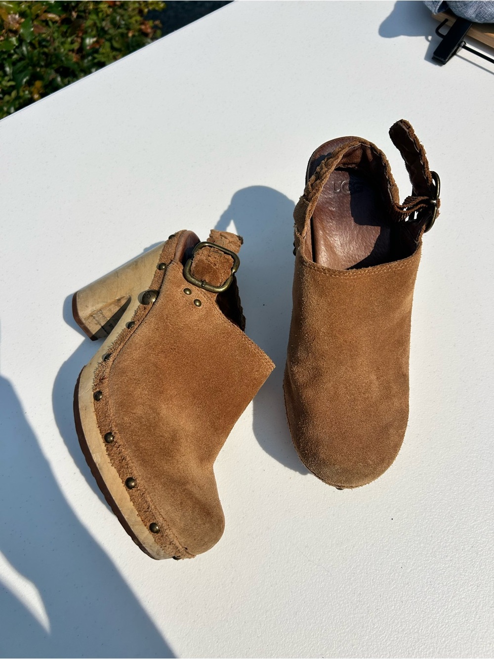 UGG Brown Suede Clog Mules with Stud Accents